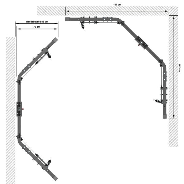 Diagram of the ATX® Cable Crossover Weight Stack 90 kg metal frame structure with dimensions: width 197 cm, height 257 cm, and wall distance 82 cm. The angular design with attachment points is shown from a top-down perspective.