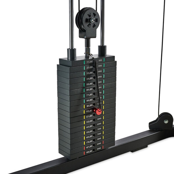 The ATX® Cable Crossover Weight Stack 90 kg features plates labeled from 11 lbs/5 kg to 154 lbs/70 kg, with a pin set at 110 lbs/50 kg to indicate the chosen weight.