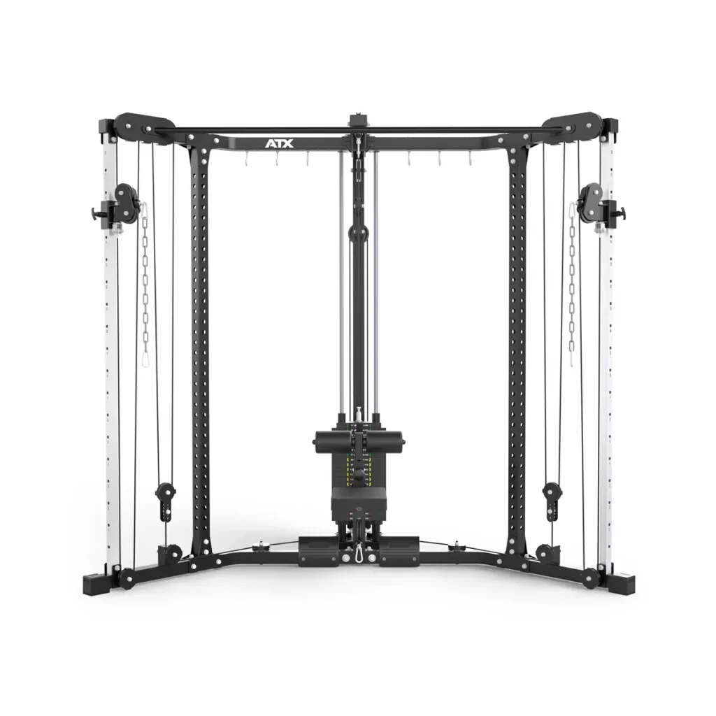 The ATX® Cable Corner Station is a black and silver unit featuring weights, pulleys, attachments, and a sturdy frame with two adjustable cable sets for versatile workouts. Includes hooks and chains for customizable setups.