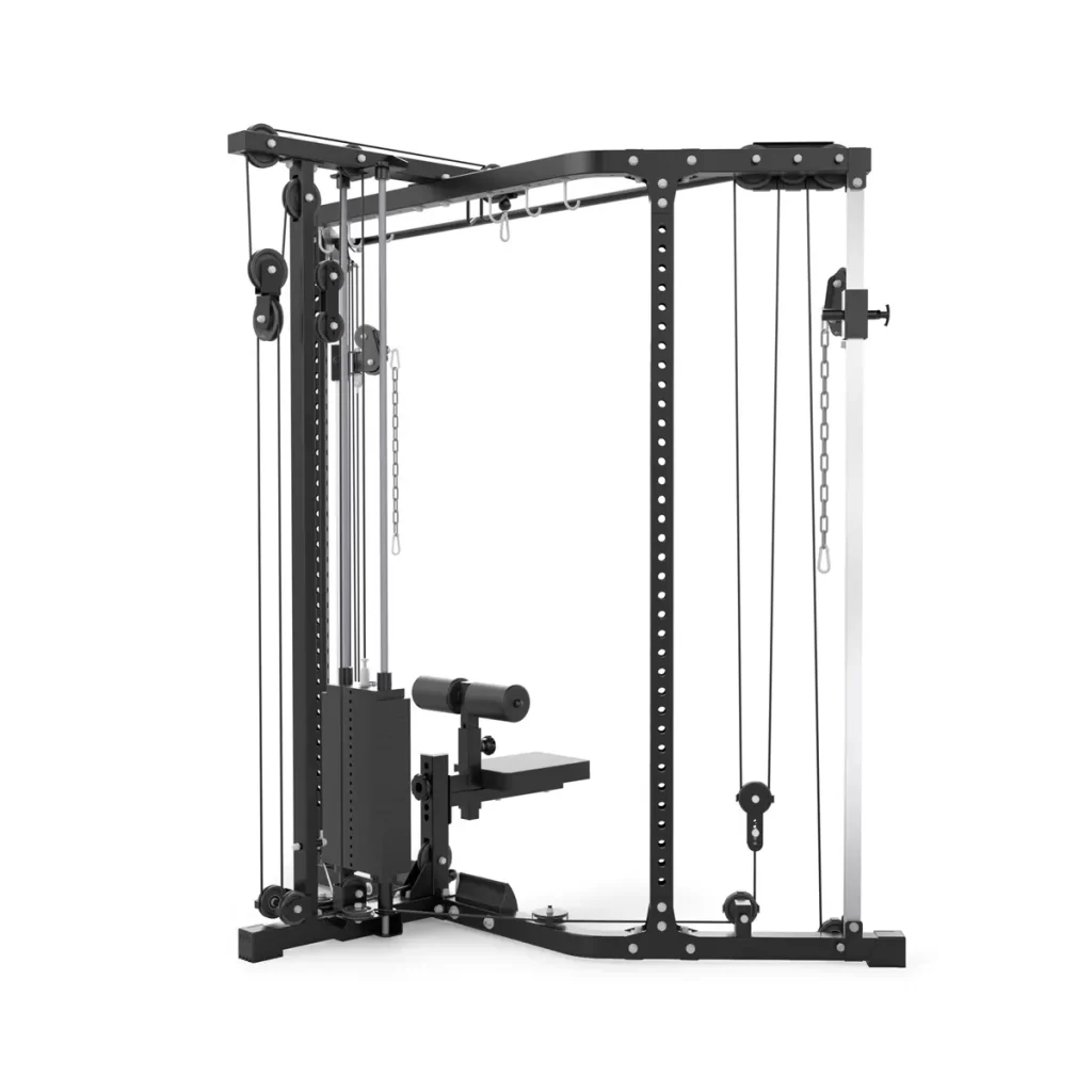 The ATX® Cable Corner Station has a sleek black frame with multiple pulleys and cables for strength training, and adjustable components for versatile workouts.