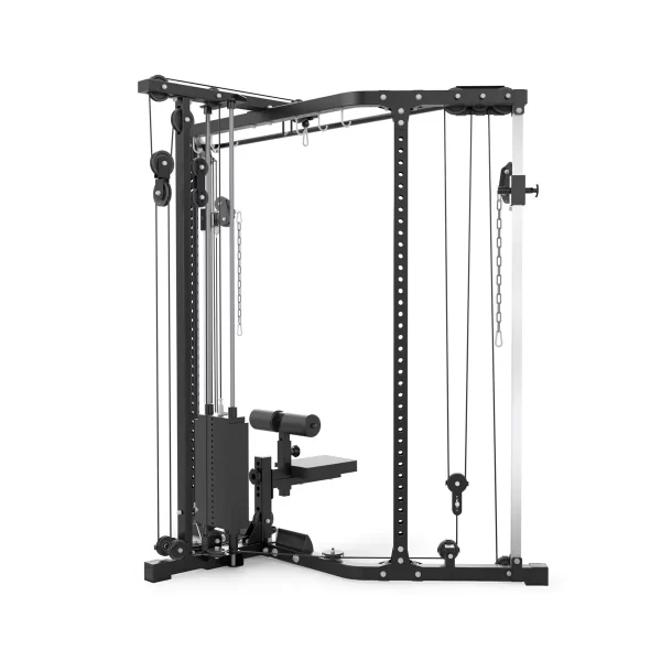 The ATX® Cable Corner Station has a sleek black frame with multiple pulleys and cables for strength training, and adjustable components for versatile workouts.