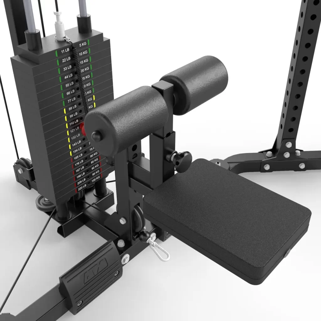 Close-up of the ATX® Cable Corner Station, showcasing a weight stack with colored level labels. It features padded leg support and a rectangular seat. The sleek machine has a sturdy black metal frame, ideal for any exercise space.