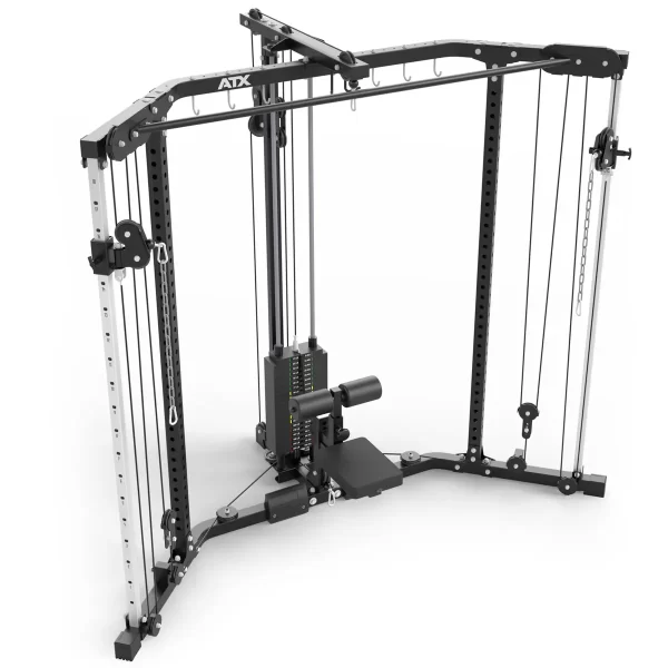 The ATX® Cable Corner Station is a black and silver exercise machine featuring adjustable pulleys, weight stacks, a sturdy frame, and multiple settings for tailored strength training workouts.