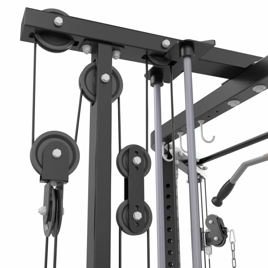 The ATX® Cable Corner Station showcases a sleek design with black wheels, cables, metal rods, and hooks as part of its weightlifting system, featuring a stylish contrast of black and metallic elements.