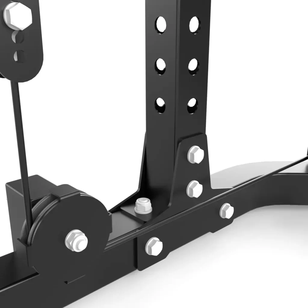 Close-up of the ATX® Cable Corner Station, featuring black metal gym equipment with multiple holes for adjustability. Visible bolts and pulleys indicate functionality for weight lifting or strength training. The well-crafted surface appears smooth, enhancing its design.