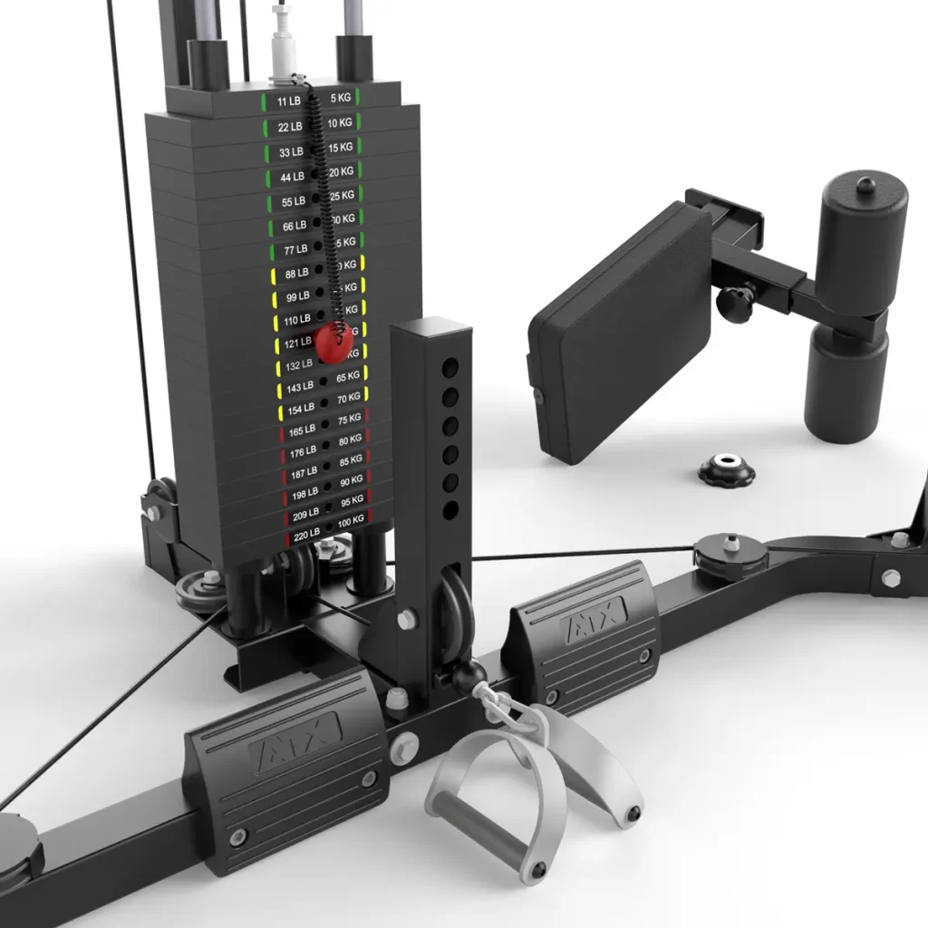 Closer view of the ATX® Cable Corner Station displays weight stacks with colored pound and kilogram labels, featuring black rubber grips, robust metal cables, and a simple adjustment pin for customizable workout intensity.