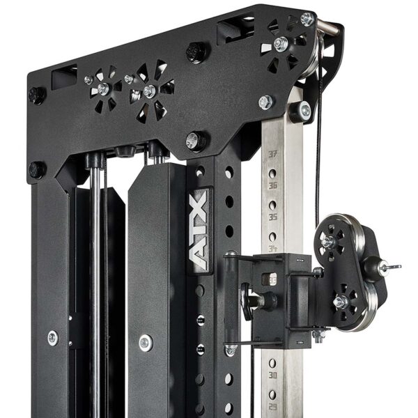 Close-up of a black cable weight machine featuring an adjustable ATX cable pulley system with numbered settings on the sturdy metal frame. The construction, complete with pulleys, cables, and weight stacks, makes it ideal for gym or fitness equipment.