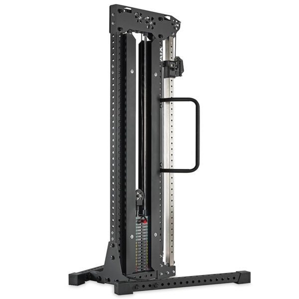 A black, metal cable weight machine with a vertical design, featuring adjustable weights and a handle for varied exercises on a robust frame.