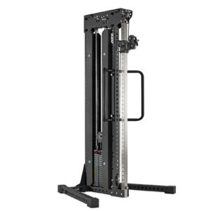 A black and silver adjustable cable weight machine for home or gym workouts, featuring a weight stack with a pin-selector system and a sturdy frame with multiple holes for adjustment. Handles are visible on the side for support, making this cable station versatile and user-friendly.