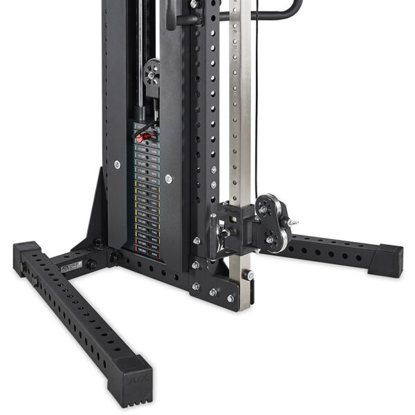 Close-up of a black cable weight machine with adjustable weight stacks. The image features the machine's base with metal rods and numbered weight indicators. This sleek cable station is set against a plain white background, highlighting its robust design.
