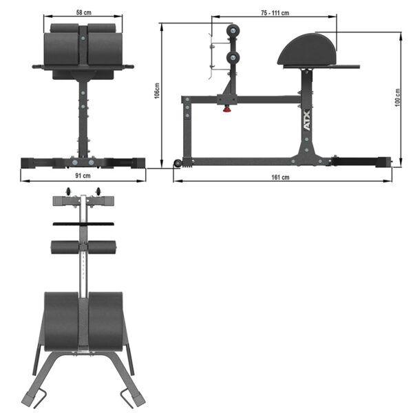 Design schematics of a workout bench and glute ham developer, showing dimensions and multiple angles. The equipment includes padded sections and adjustable features, labeled with measurements in centimeters on the top and side views.