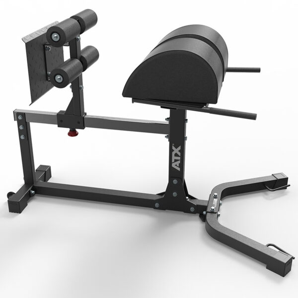 A black hyperextension bench with padded supports and a sturdy metal frame, this versatile glute fitness machine features adjustable components for personalized workouts. It's designed for back and core strengthening exercises, making it a valuable addition to any gym.
