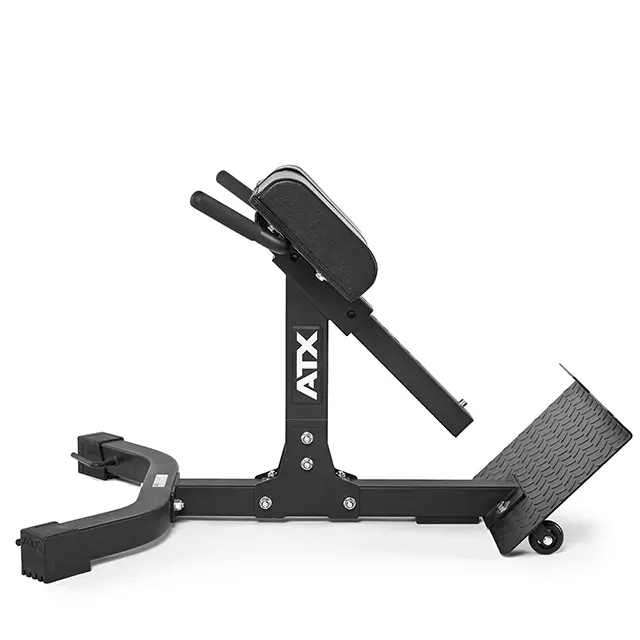 The ATX® Hyperextension Machine 650 is a versatile roman chair for your fitness regimen, featuring a black compact and sturdy design with padded support, footplate, and handles. It also includes an adjustable section for workouts and prominently displays the ATX branding on the side.