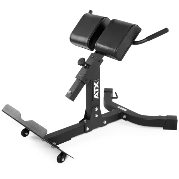 The ATX® Hyperextension Machine 650 is a black bench designed to strengthen the lower back, featuring padded supports, an adjustable frame, footrests, and a handle. The brand logo "ATX" is prominently displayed on the side.