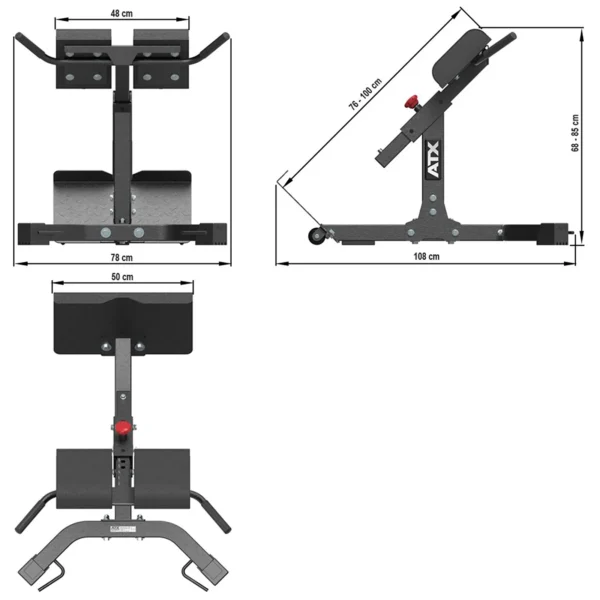 Diagram of the ATX® Hyperextension Machine 650 with dimensions. Includes a front view, side view with measurements (78 cm wide, 108 cm long, 68-86 cm high), and a top view. The equipment is black and gray with a red adjustment knob and prominently labeled ATX®.