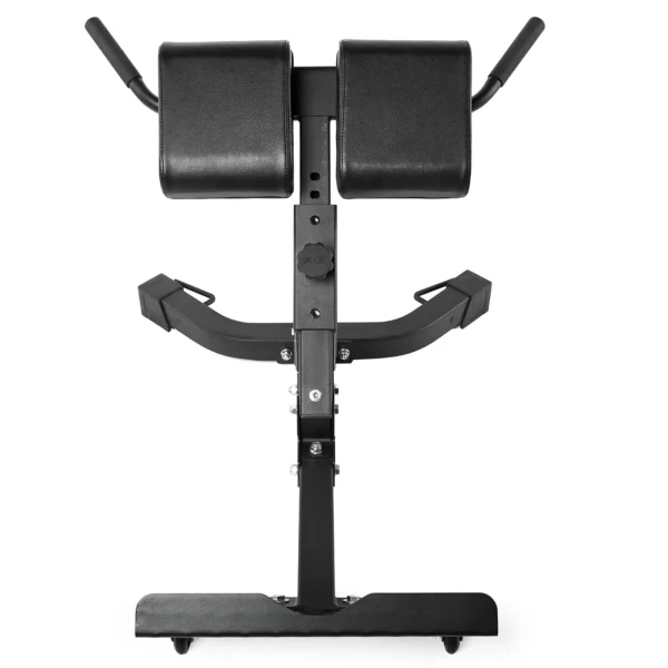 The ATX® Hyperextension Machine 650 is a black back extension bench with padded support, designed for back exercises. It features adjustable settings and sturdy handles, making it suitable for use in both home and gym environments.