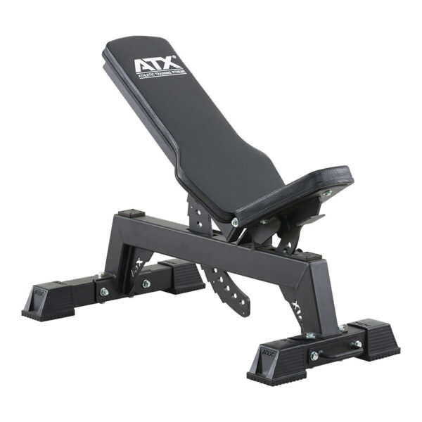 The ATX® Utility Bulls Bench is an adjustable weight bench with a black cushioned seat and backrest. Made of metal, it features a sturdy frame and foot attachments for stability, with the backrest inclined for various workout exercises.