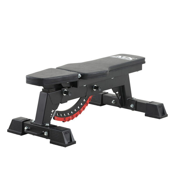 The ATX® Utility Bulls Bench is an adjustable black weight bench with a cushioned seat and backrest on a sturdy metal frame, offering multiple angle options for exercise variety.