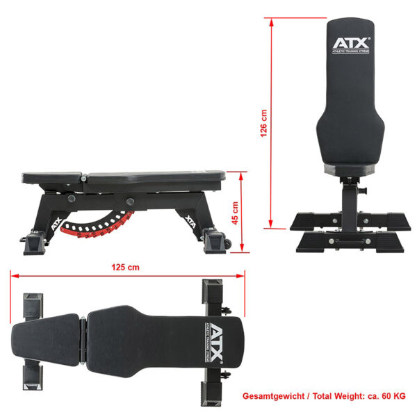 Image of the ATX® Utility Bulls Bench, a black adjustable workout bench with dimensions: 126 cm height, 125 cm length, and 45 cm width. The ATX logo is displayed on the backrest, and it weighs about 60 kg.