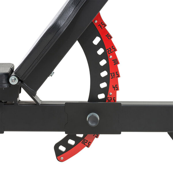 Close-up of the ATX® Utility Bulls Benchs adjustable mechanism, featuring a black-to-red gradient incline scale with degree markings. The bench is set to an upright angle next to its metal support frame.