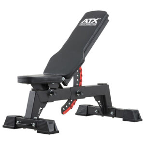 The ATX® Utility Bulls Bench features a black matte frame with stability bars, a red adjustment mechanism, and cushioned seat/backrest. ATX branding is visible on the seat and frame.