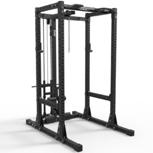 The ATX® Commercial Power Rack 750 System Plate Loaded is a black metal rack with adjustable bars, hooks, and pull-up handles for weightlifting and strength training, set against a plain white background.