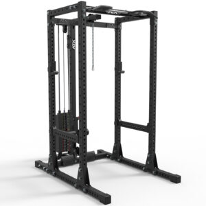 The ATX® Commercial Power Rack 750 System Pin Loaded 125 kg is a black metal power rack featuring adjustable height, a pulley system, various attachments for strength training, a sturdy frame with multiple customization holes, and is shown on a white background.