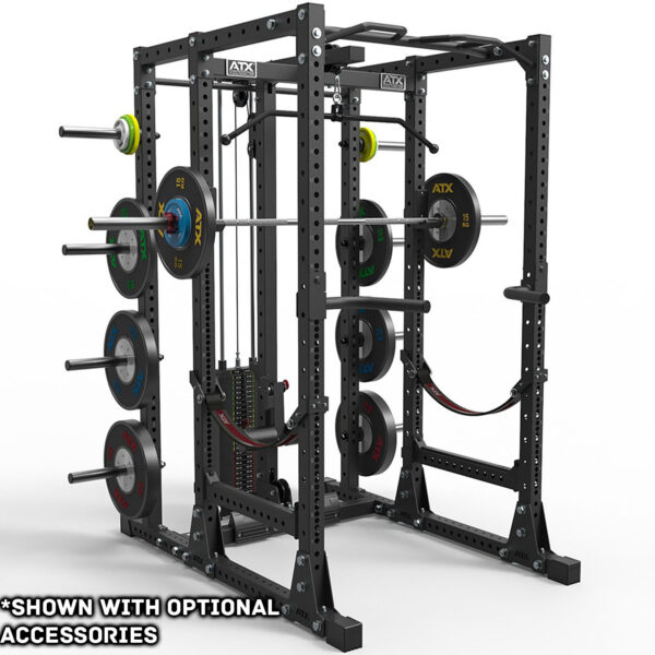 The ATX® Power Rack 755 Short Distance in black comes with weights and attachments, such as weight plates and bars, offering various exercise options for strength training. *Shown with optional accessories.