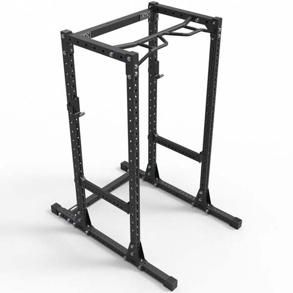The ATX® Power Rack 755 Short Distance features a black metal frame with adjustable safety bars and a pull-up bar attachment, offering multiple holes for barbell placement. Its perfect for strength training exercises like squats and bench presses.