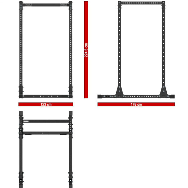 The ATX® Power Rack 770 XL SET is depicted in black metal with dimensions of H: 223.5 cm, D: 123 cm, W: 178 cm. The diagram presents front and side views, emphasizing its sturdy build and evenly spaced holes for adjustable workout attachments.