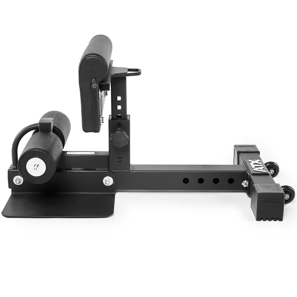 The ATX® Sissy Squat Stand is a black adjustable exercise bench with padded supports and wheels for easy movement. It features a sturdy metal frame with multiple adjustment holes for height and position customization, now enhanced with an integrated sissy squat stand and foldable design.