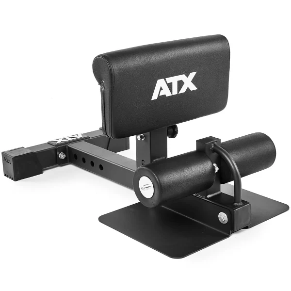 The ATX® Sissy Squat Stand features a cushioned backrest, foot securing rollers, and a sturdy metal frame. Its height is adjustable to suit different users. Ideal for flat surface placement, it provides stability during intense workouts.