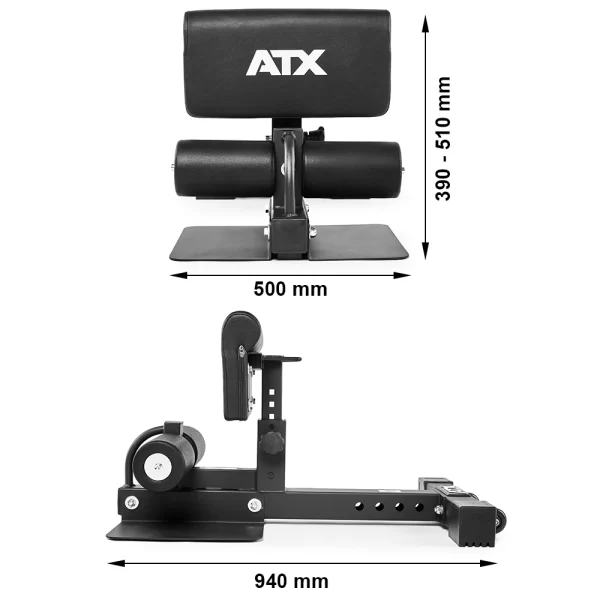 The ATX® Sissy Squat Stand is a black fitness equipment piece designed for leg exercises, showcasing side and front views. It includes adjustable pads, measures 500 mm in width, 940 mm in length, and offers an adjustable height range of 390 mm to 510 mm.