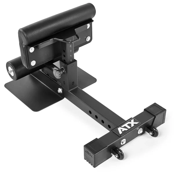 The ATX® Sissy Squat Stand is an adjustable black stand with a padded seat, foot rollers, and a metal frame. It features the ATX logo, a flat base for stability, and wheels for easy mobility.