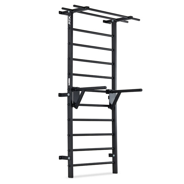 The ATX® Wall Bar Gym is a wall-mounted black metal pull-up and dip bar with a ladder design, similar to Swedish Bars, featuring multiple rungs and robust side brackets for support.