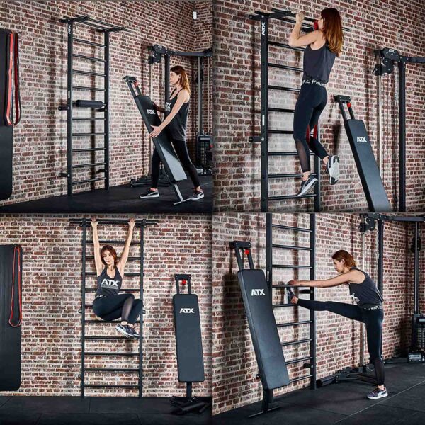 A woman in athletic wear uses the ATX® Wall Bar Gym against a brick wall to perform pull-ups, use an inclined bench, hang from stall bars, and stretch her leg.