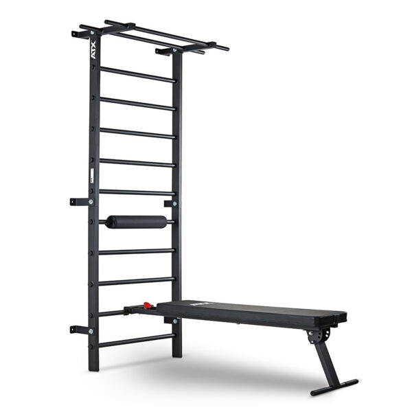 The ATX® Wall Bar Gym is a black, wall-mounted workout station with a pull-up bar, adjustable bench, and padded support bar. It offers versatile home fitness exercises with multiple rungs for varied positions, reminiscent of classic Swedish bars for an enhanced exercise experience.