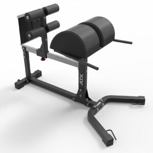 A glute ham developer, this gym machine features two padded leg supports and a curved bench tailored for back and leg workouts. Crafted with a sturdy metal frame, it's branded with ATX, making it an essential addition to any fitness routine.