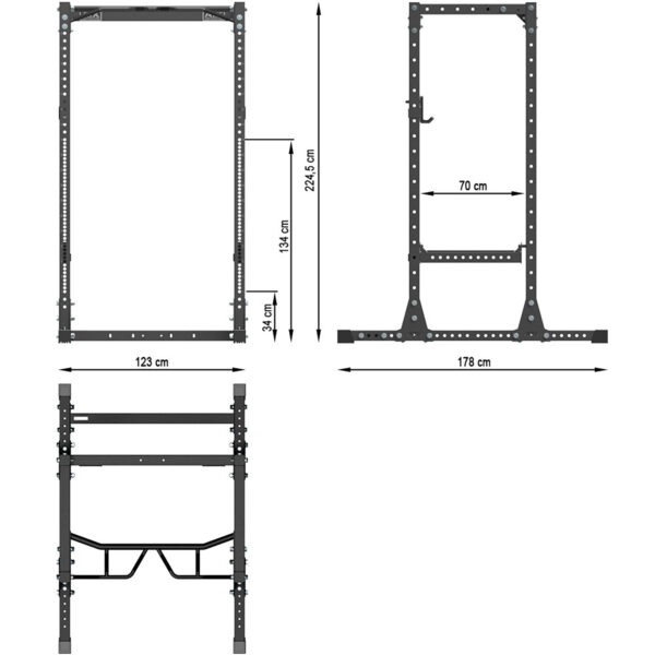 The ATX® Power Rack 755 Short Distance features a diagram with dimensions: front view width 123 cm, height 224.5 cm; side view depth 178 cm. Middle section is 184 cm, lower bar at 34 cm, inner section width is 70 cm, and it includes multiple adjustment holes.