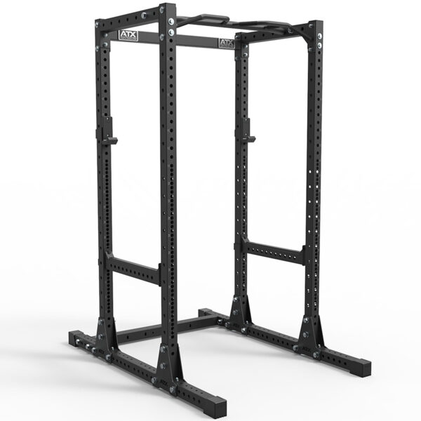The ATX® Power Rack 755 Short Distance is a black rack with adjustable holes for custom barbell placement, a sturdy frame, and a pull-up bar, set against a white background.