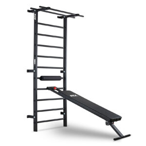 The ATX® Wall Bar Gym is a black wall-mounted setup combining Swedish bars and an angled incline bench with padded support, perfect for strength training exercises.