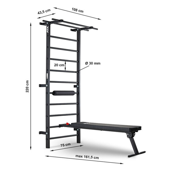 The ATX® Wall Bar Gym is a versatile workout station with Swedish bars, a pull-up bar, and a detachable bench. Its dimensions are 108 cm in width, 220 cm in height, and up to 161.5 cm in length for the bench.