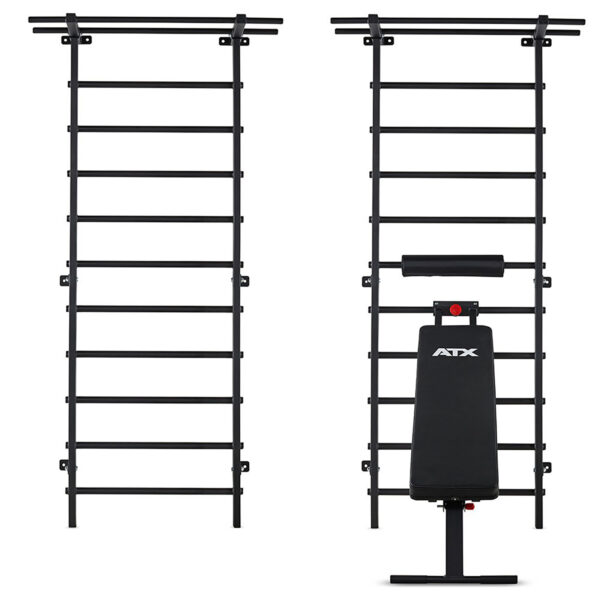 The ATX® Wall Bar Gym, a black wall-mounted pull-up and dip station with Stall Bars, features both vertical and horizontal workout bars. Below it is an adjustable workout bench labeled ATX.