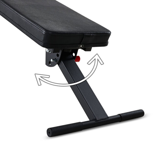 The ATX® Wall Bar Gym is shown with an adjustable weight bench featuring a black padded seat. It includes an angle-altering mechanism indicated by a curved double-headed arrow and a red knob for adjustments on the metal frame.
