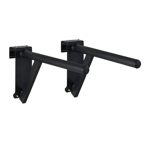 The ATX® Wall Bar Gym features a pair of black metal wall-mounted dip bars with cylindrical grips, perfect for upper body workouts. Angled for stability, they complement Swedish Bars and are securely attached to brackets for reliable wall mounting.