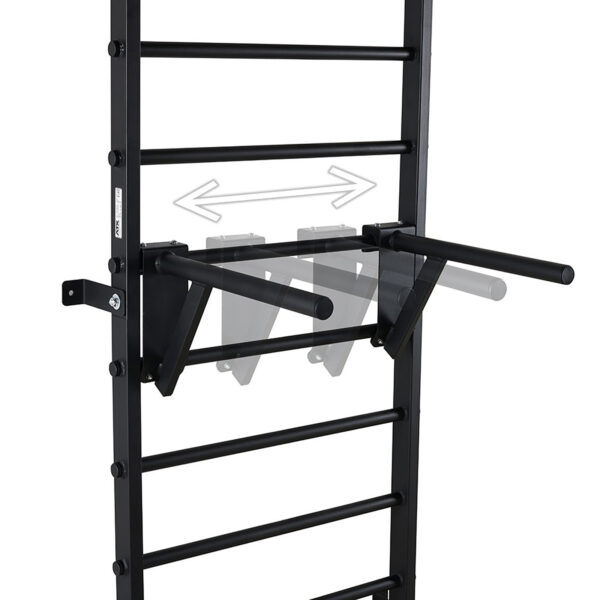The ATX® Wall Bar Gym is a black wall-mounted pull-up bar with multiple horizontal rungs, two extendable dip bars, and adjustable position arrows that offer a versatile fitness routine reminiscent of classic Swedish Wall Bars.