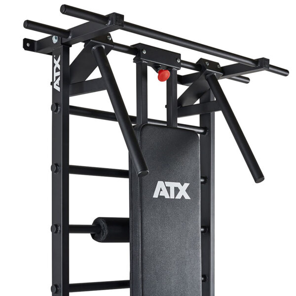 The ATX® Wall Bar Gym is a black wall-mounted workout station with a pull-up bar, dip bars, and padded backrest. Its sturdy design supports exercises like pull-ups and dips, making it perfect for versatile home gyms.