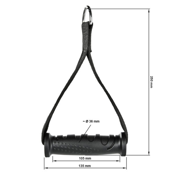 The ATX® ERGO Stirrup Handle is black with a strap and metal ring attachment. It measures 105mm by 135mm, a diameter of 36mm, and a total length of 280mm. The handle has a textured surface for grip.