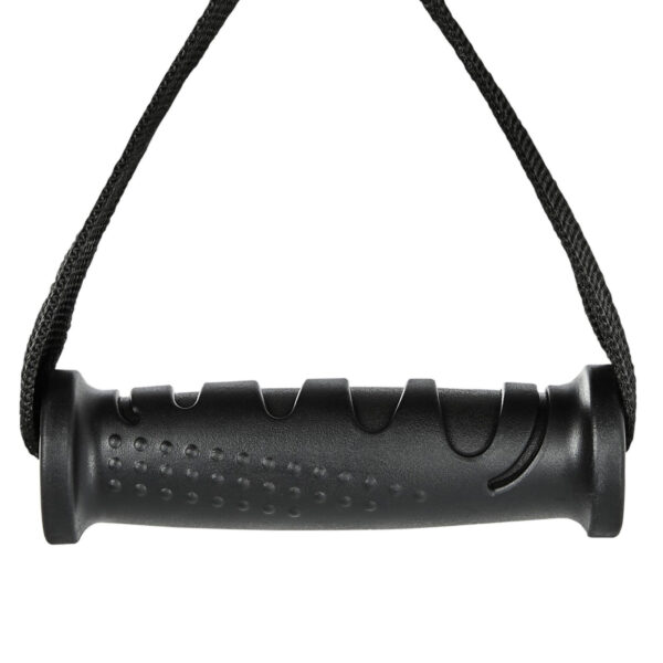 The ATX® ERGO Stirrup Handle is a black plastic handle with grooves for grip, dotted textures on one side, and a curved indentation on the other, attached to a braided black rope.