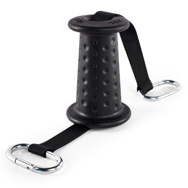 The ATX® Conic Fat Grips are black training tools featuring a textured grip and two carabiners connected via straps, ideal for enhancing grip strength exercises.